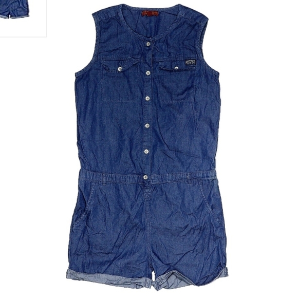 7 For All Mankind Medium Wash Blue Denim Chambray Romper Girl's XL Sleeveless - Picture 1 of 8